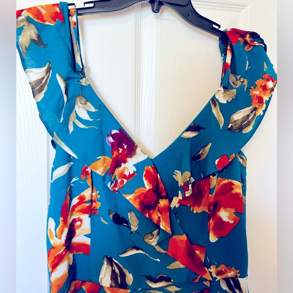 Teal Floral Print Off Shoulder Cinch Waist Flowing Dress - Picture 2 of 8